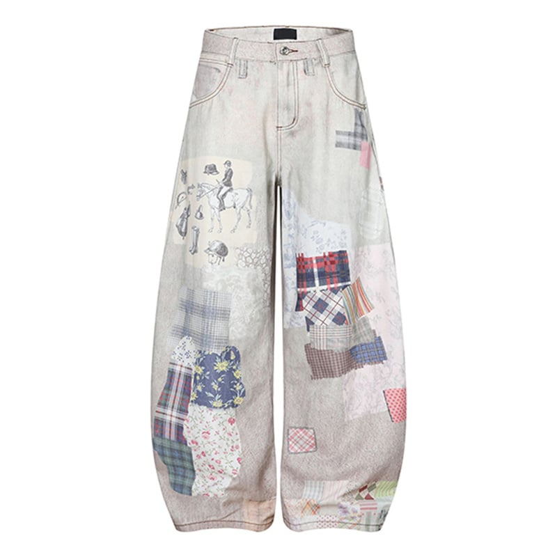 Wholesale Patchwork Print Baggy Jeans Men Vintage Patchwork Plaid Floral Printed Wide Leg Streetwear Denim Pants