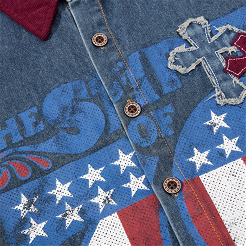 OEM ODM Custom Mens Vintage Denim Shirt Short Sleeve Cross Embroidery Patch American Flag Print Contrast Corduroy Collar Streetwear Jean Shirts Manufacturer