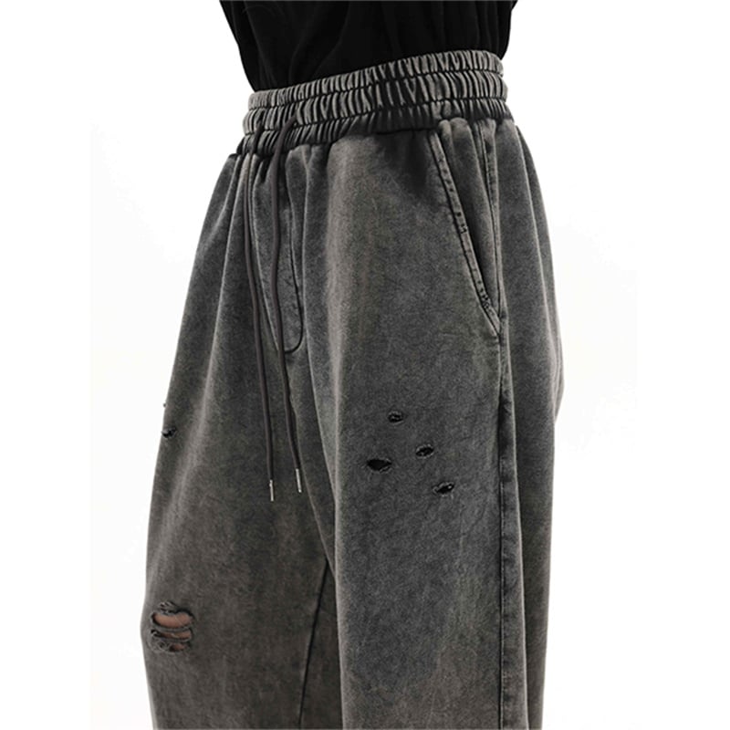 Distressed Washed Baggy Pants Men Elastic Waist Drawstring Wide Leg Grunge Streetwear Trousers Y2K Ripped Casual Sweatpants