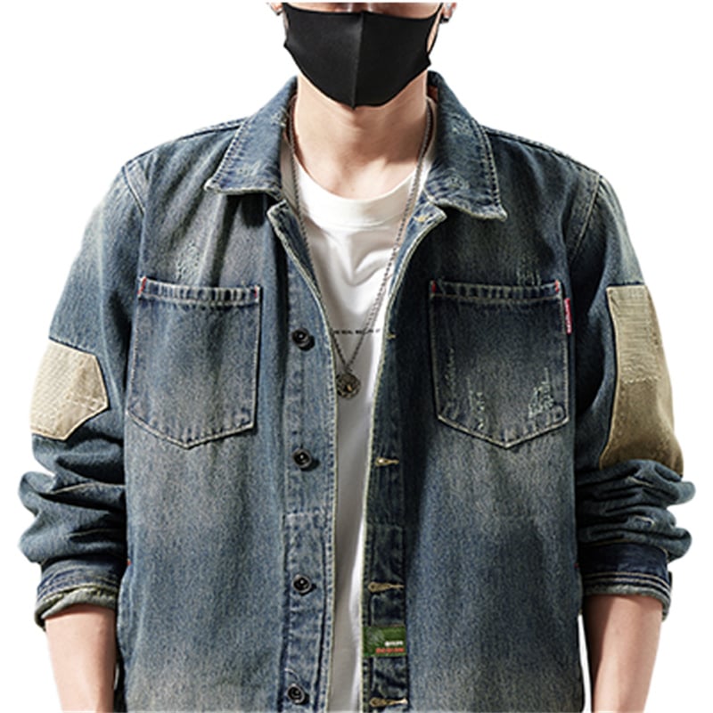 Retro Distressed Denim Jacket Men with Canvas Arm Patches & Leather Back Tag