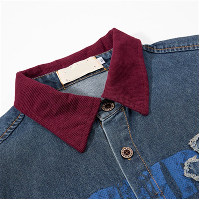 OEM ODM Custom Mens Vintage Denim Shirt Short Sleeve Cross Embroidery Patch American Flag Print Contrast Corduroy Collar Streetwear Jean Shirts Manufacturer