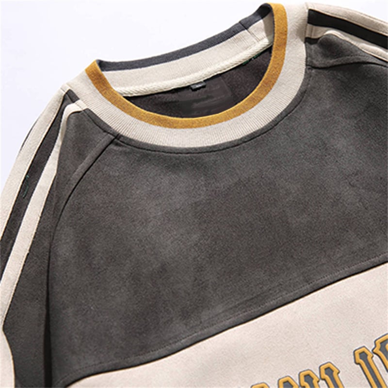 Color Block Striped Sleeve Vintage Crewneck Sweatshirt Retro Letter Print Suede Texture Streetwear Pullover Wholesale Custom Logo
