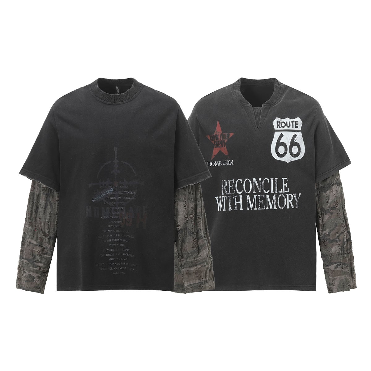 American Streetwear Fake Two-Piece Washed Distressed Destroyed Heavyweight Long Sleeve T-Shirt