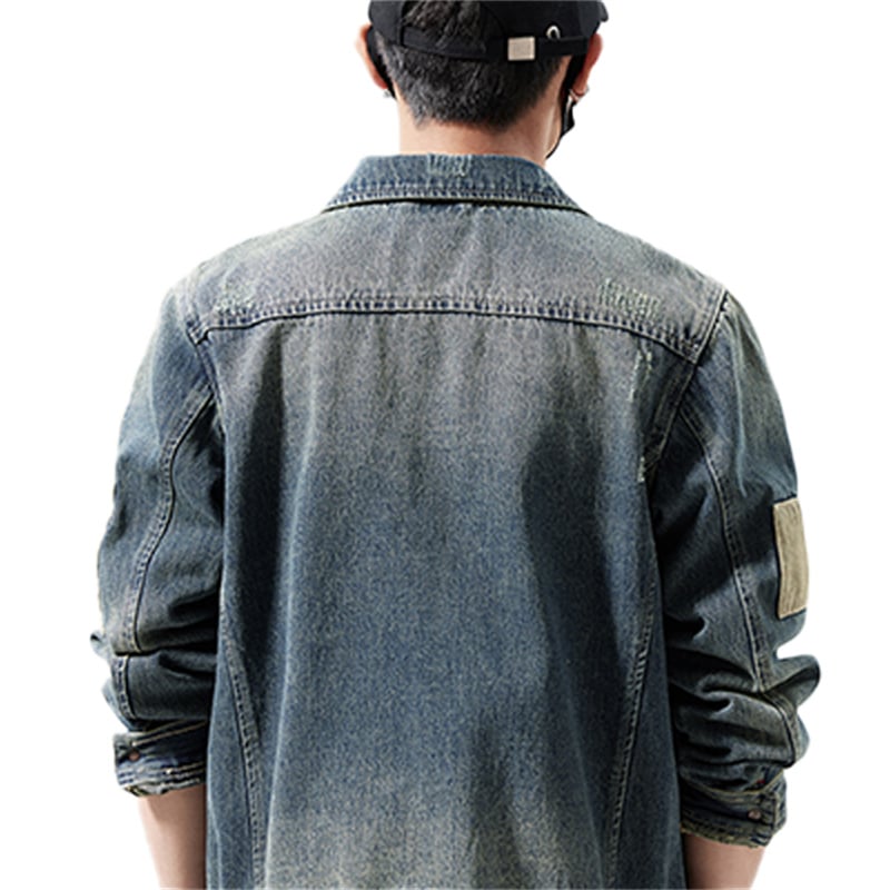 Retro Distressed Denim Jacket Men with Canvas Arm Patches & Leather Back Tag