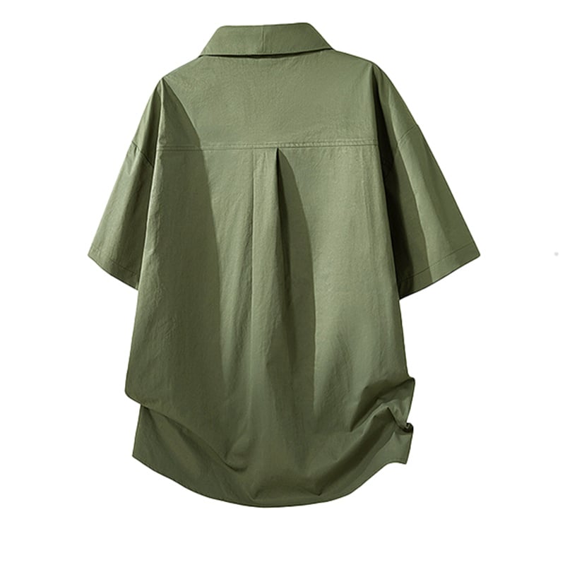OEM ODM Oversized Lapel V Neck Short Sleeve Shirt Men Army Green Loose Casual Cargo Texture Streetwear Pullover Shirt Wholesale
