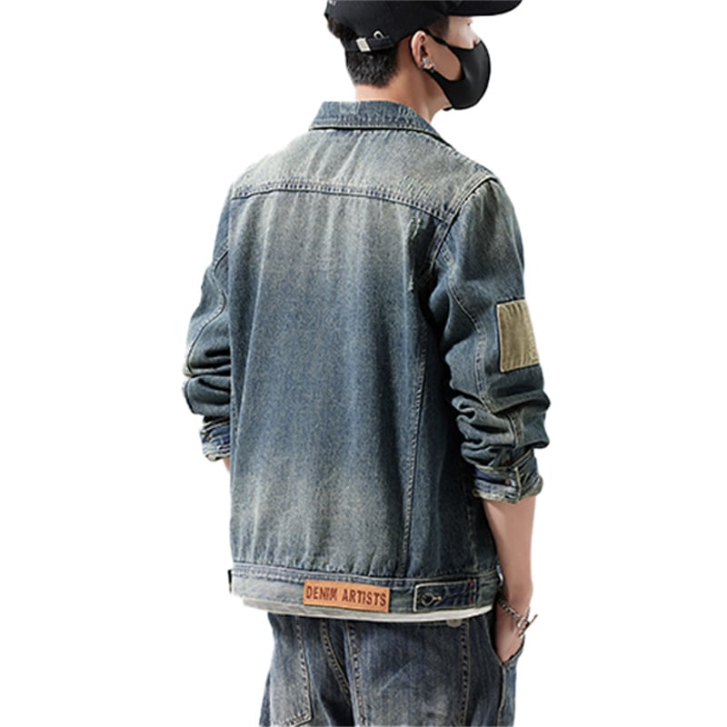 Retro Distressed Denim Jacket Men with Canvas Arm Patches & Leather Back Tag