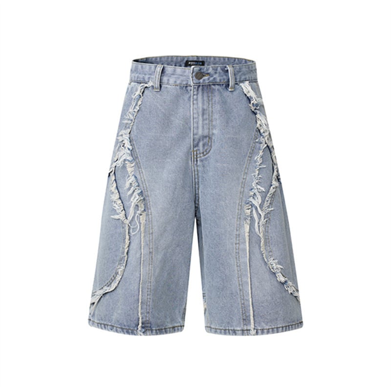 Wholesale Distressed Frayed Denim Shorts Men Vintage Light Wash Baggy Jorts Streetwear Loose Wide Leg Knee Length Jeans Shorts