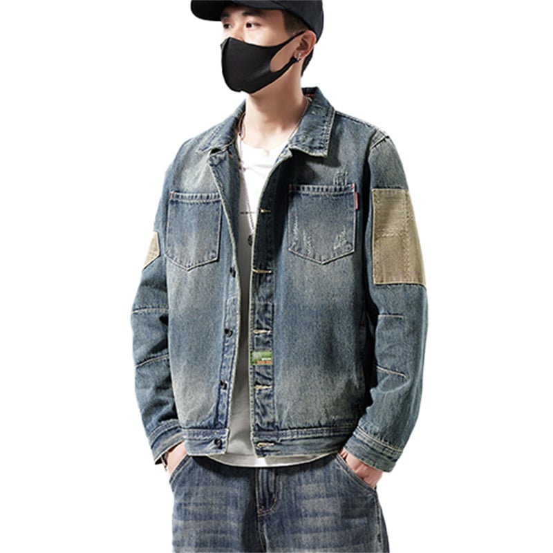 Retro Distressed Denim Jacket Men with Canvas Arm Patches & Leather Back Tag