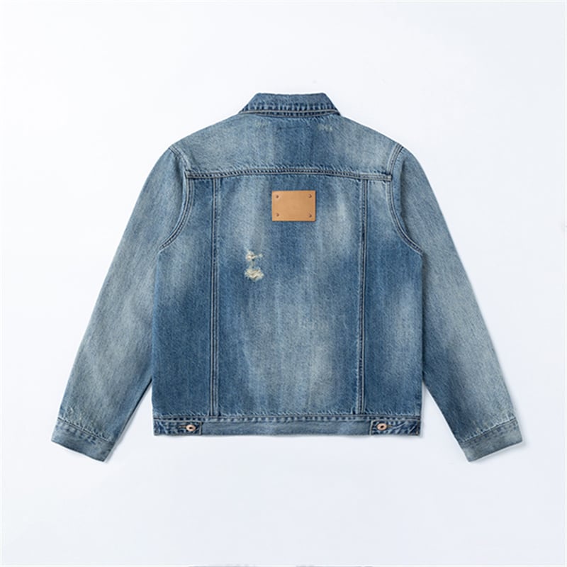 Custom Distressed Denim Trucker Jacket Men with Back Leather Patch & Logo