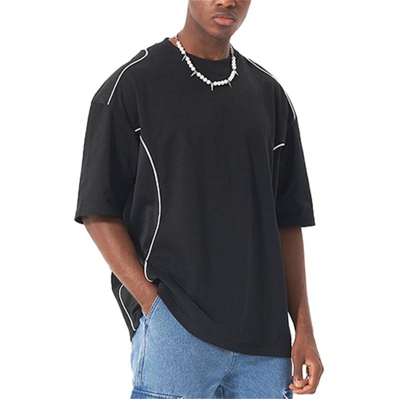 Streetwear Mesh Panel 100% Cotton Tee, Men's Casual Breathable Summer Short Sleeve
