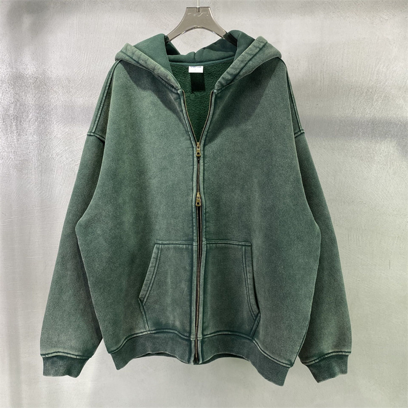 Vintage Acid Wash Blue Zip Up Hoodie Oversized Heavyweight Fleece Blank Streetwear Hooded Jacket Custom Logo Wholesale
