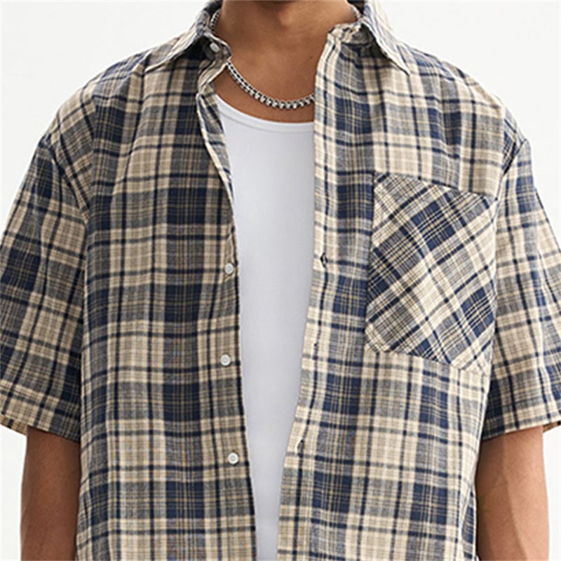 Summer Couple Style Boxy Shirt, Men's Casual Plaid Short Sleeve Crop Shirt