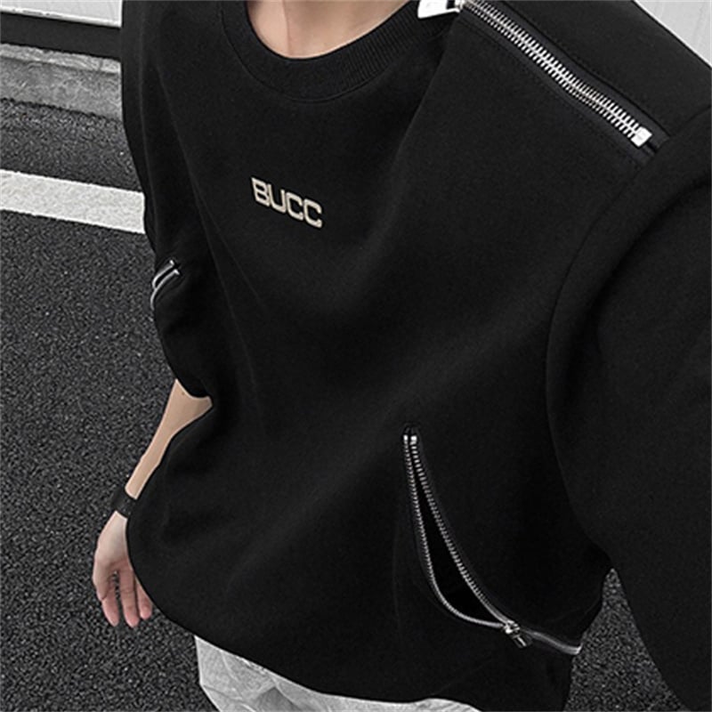 American High Street Men's Shoulder Pads T-Shirt, Metal Zipper Design Trendy Casual Summer Short Sleeve