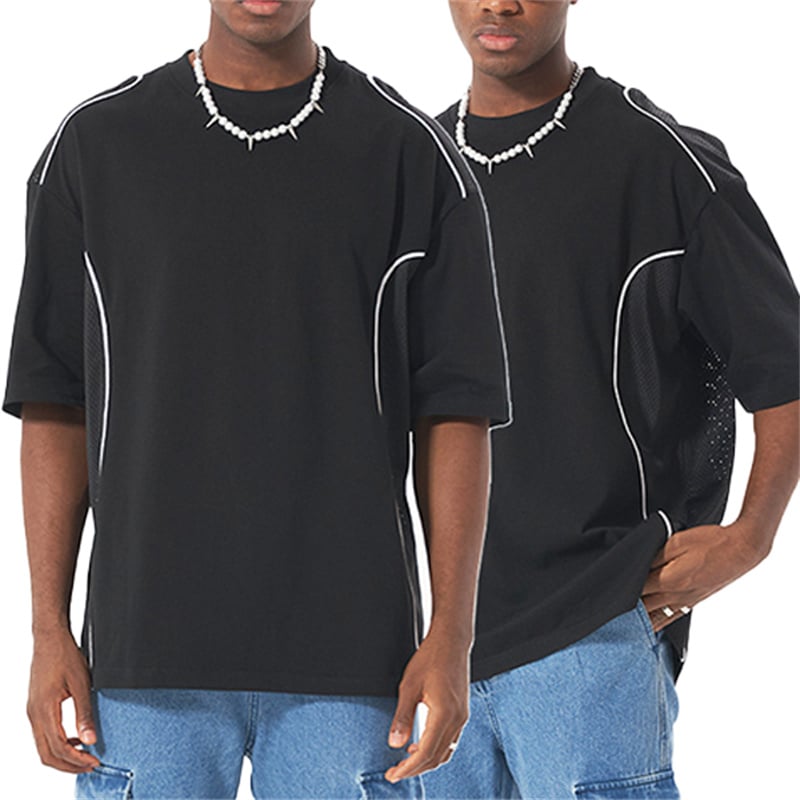 Streetwear Mesh Panel 100% Cotton Tee, Men's Casual Breathable Summer Short Sleeve