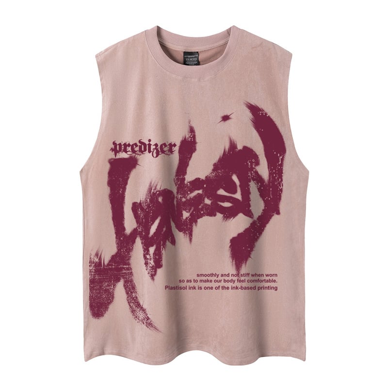 Men's Oversized Faux Suede Tank Top, Streetwear Graffiti Print Sleeveless T-Shirt, Wholesale Casual Washed Vest for Men