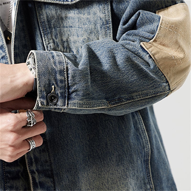 Heavyweight Washed Denim Jacket with Canvas Contrast Details for Men