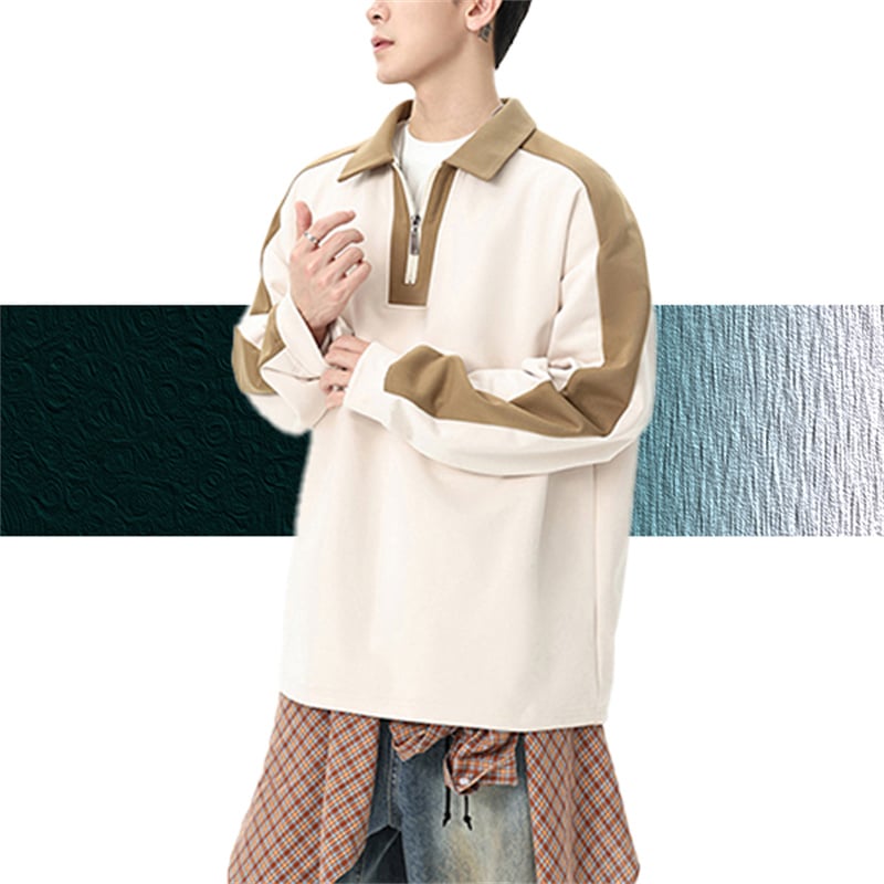 Color Block Half Zip Polo Sweatshirt Men Retro Contrast Collar Long Sleeve Pullover Casual Streetwear Top Wholesale Custom Logo
