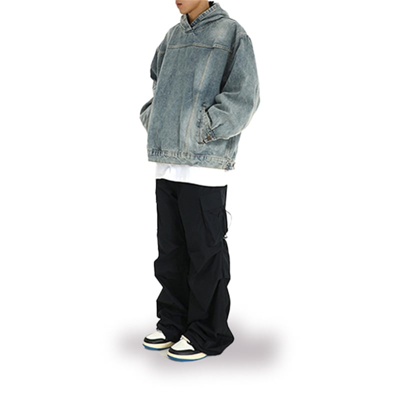 Heavyweight Vintage Washed Hooded Denim Jacket, Unisex Couple Streetwear Loose Casual Pullover Hoodie