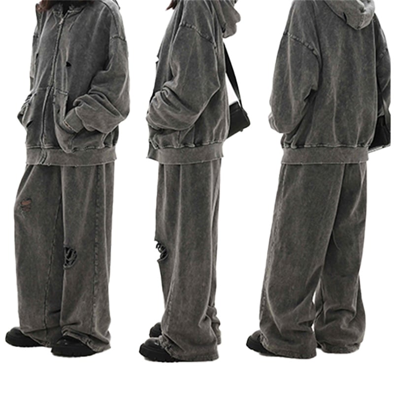 Distressed Washed Baggy Pants Men Elastic Waist Drawstring Wide Leg Grunge Streetwear Trousers Y2K Ripped Casual Sweatpants