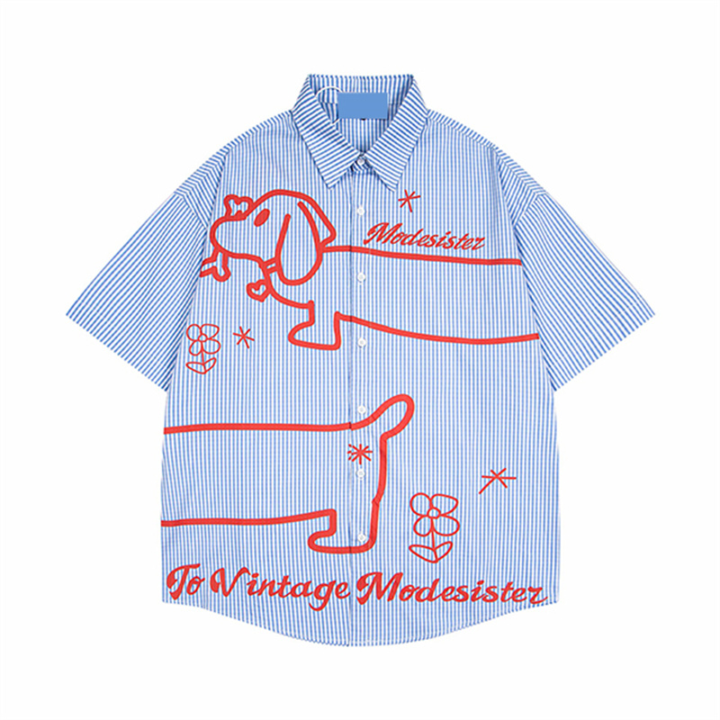Custom Mens Blue White Vertical Stripe Shirt Cute Dog Line Graphic Printing Oversized Casual Shirt OEM Private Label Manufacturer