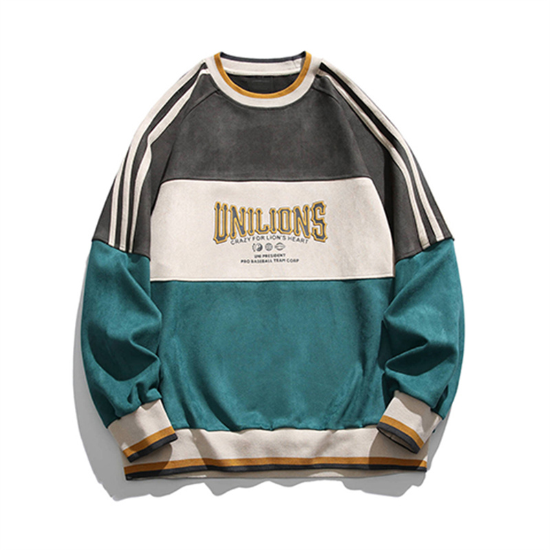 Color Block Striped Sleeve Vintage Crewneck Sweatshirt Retro Letter Print Suede Texture Streetwear Pullover Wholesale Custom Logo

