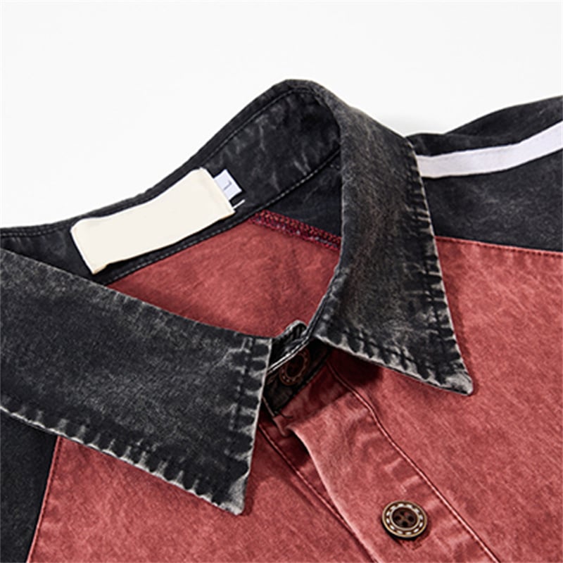 Custom Mens Two-Tone Acid Wash Denim Shirt Contrast Raglan Striped Sleeve Small Embroidery Streetwear Shirt Manufacturer Private Label