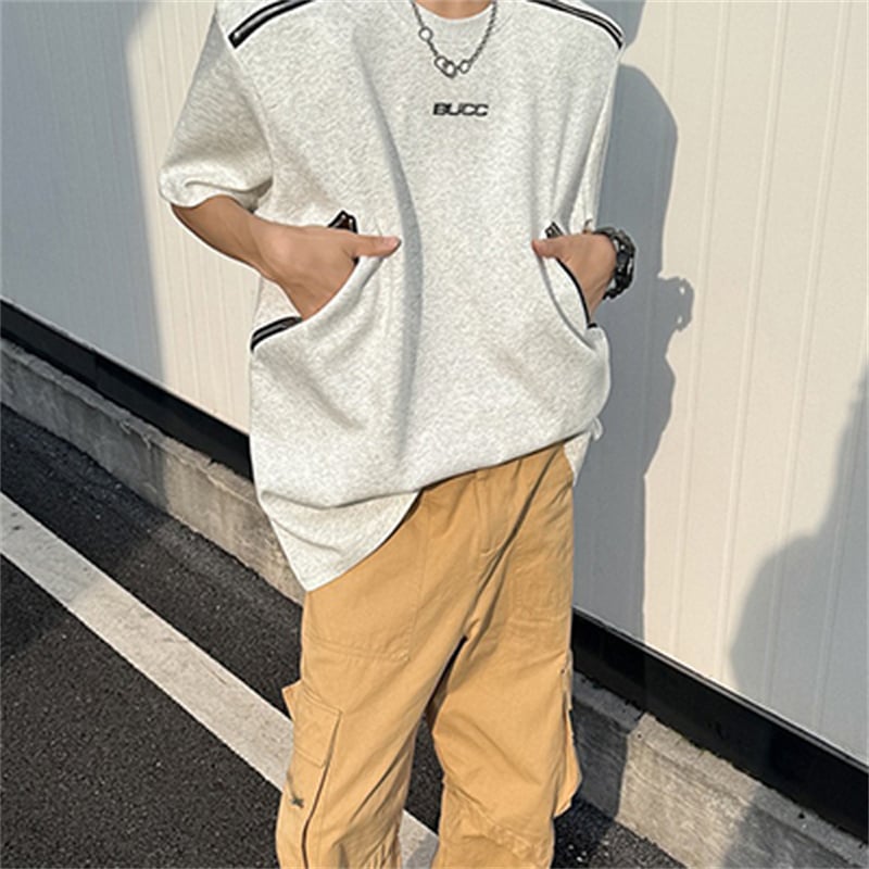 American High Street Men's Shoulder Pads T-Shirt, Metal Zipper Design Trendy Casual Summer Short Sleeve