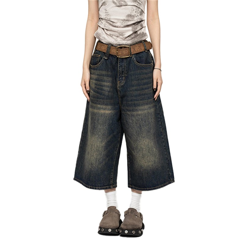 Y2K Wide Leg Culotte Jeans Women Vintage Washed Baggy Denim Skirt Pants Retro High Waist Loose Cropped Streetwear Trousers