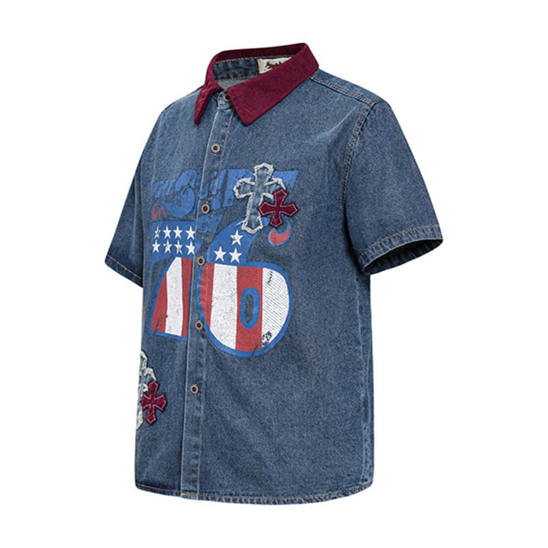OEM ODM Custom Mens Vintage Denim Shirt Short Sleeve Cross Embroidery Patch American Flag Print Contrast Corduroy Collar Streetwear Jean Shirts Manufacturer