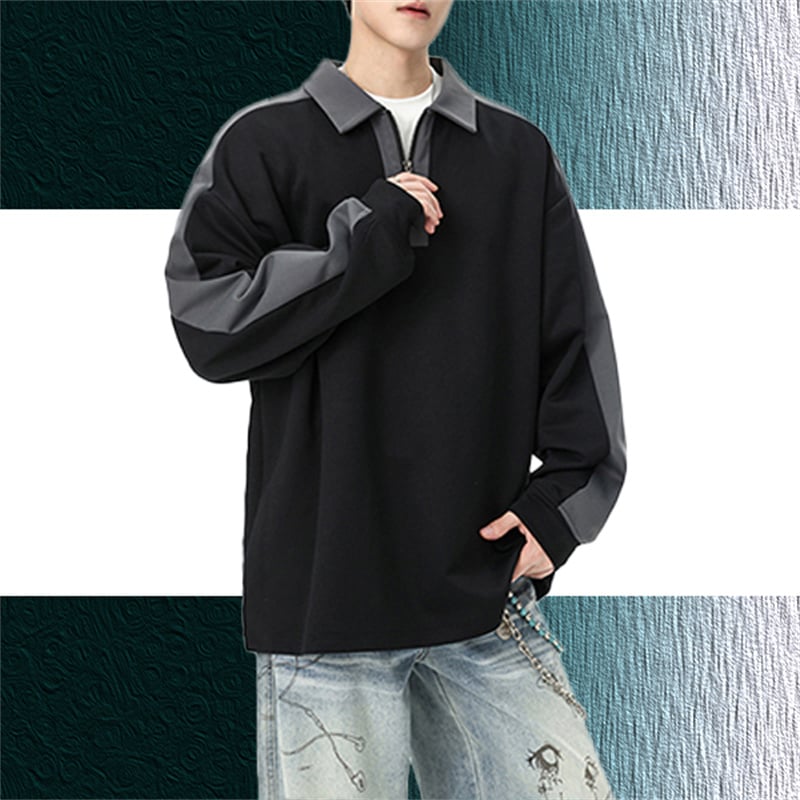 Color Block Half Zip Polo Sweatshirt Men Retro Contrast Collar Long Sleeve Pullover Casual Streetwear Top Wholesale Custom Logo
