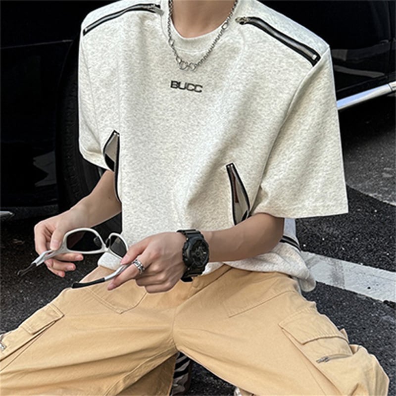 American High Street Men's Shoulder Pads T-Shirt, Metal Zipper Design Trendy Casual Summer Short Sleeve