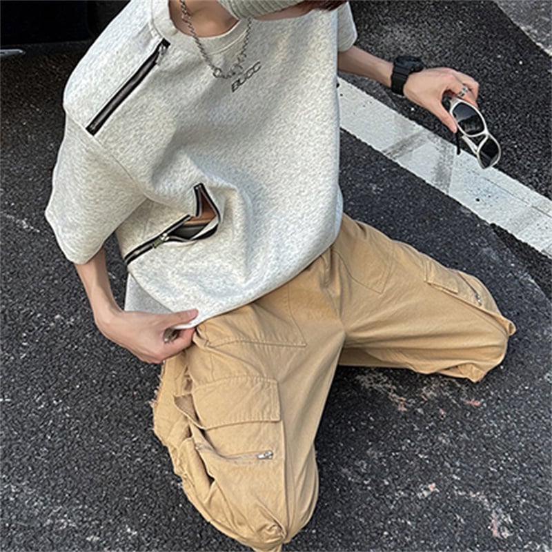 American High Street Men's Shoulder Pads T-Shirt, Metal Zipper Design Trendy Casual Summer Short Sleeve