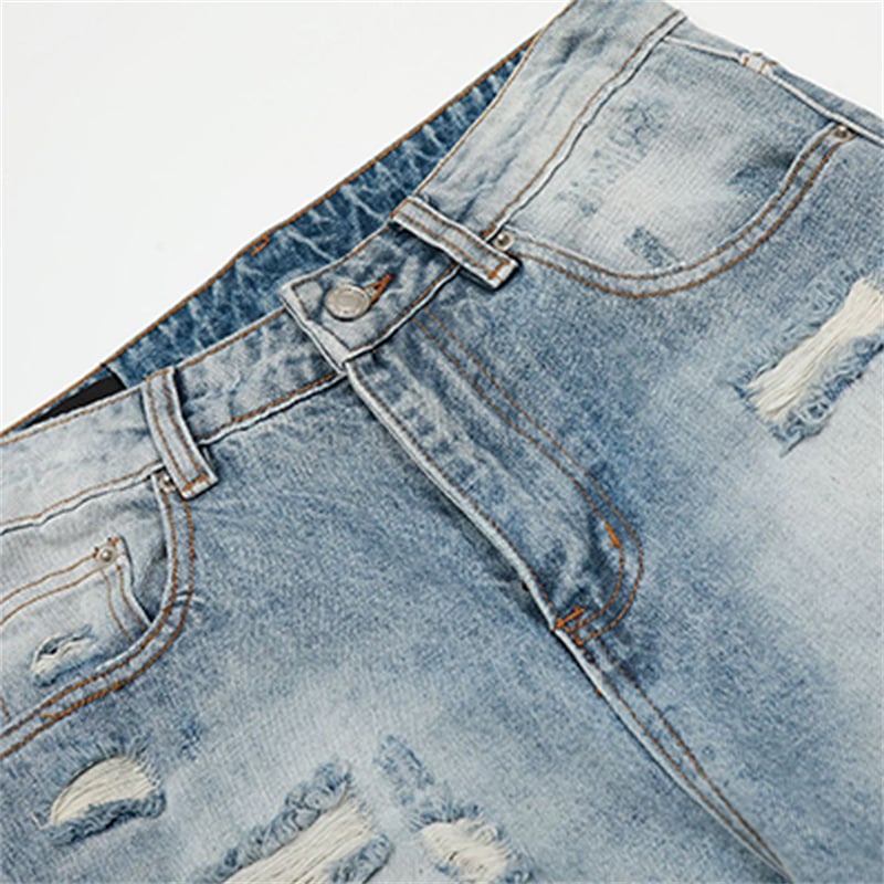Wholesale Light Wash Distressed Baggy Jeans Men Vintage Ripped Wide Leg Streetwear Loose Fit Denim Pants