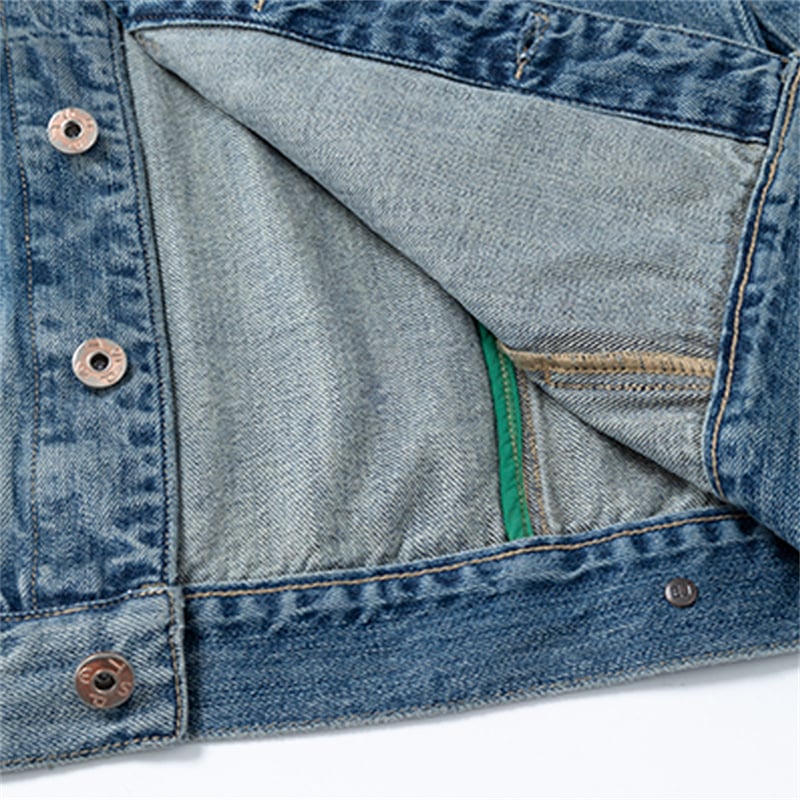 Custom Distressed Denim Trucker Jacket Men with Back Leather Patch & Logo