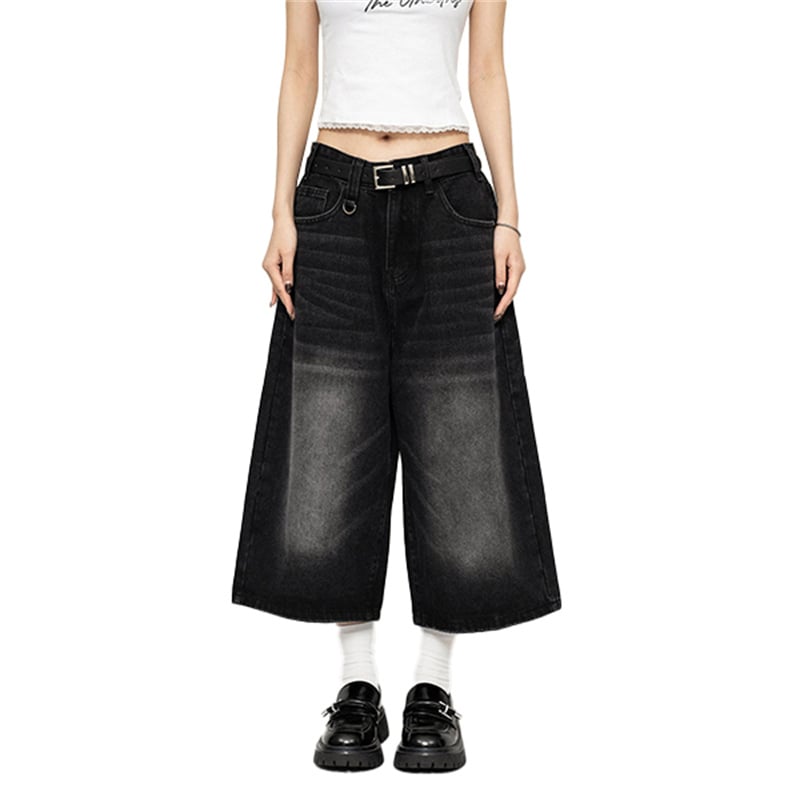Y2K Wide Leg Culotte Jeans Women Vintage Washed Baggy Denim Skirt Pants Retro High Waist Loose Cropped Streetwear Trousers