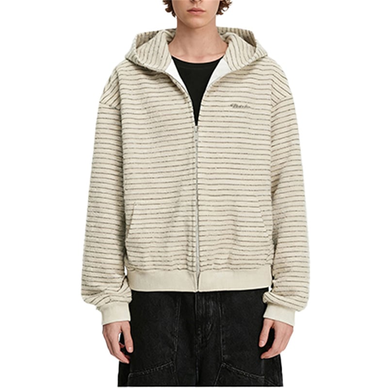 American Streetwear Color Block Striped Zip Up Hoodie, Fall Winter Heavyweight Loose Casual Unisex Hooded Sweatshirt