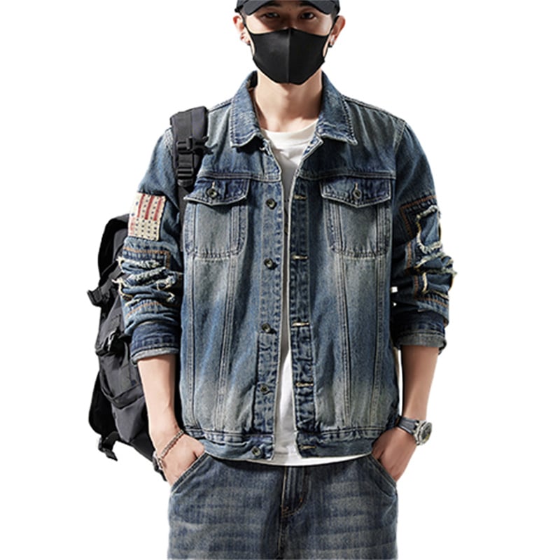 Men's Vintage Distressed Denim Jacket | American Streetwear Custom Style