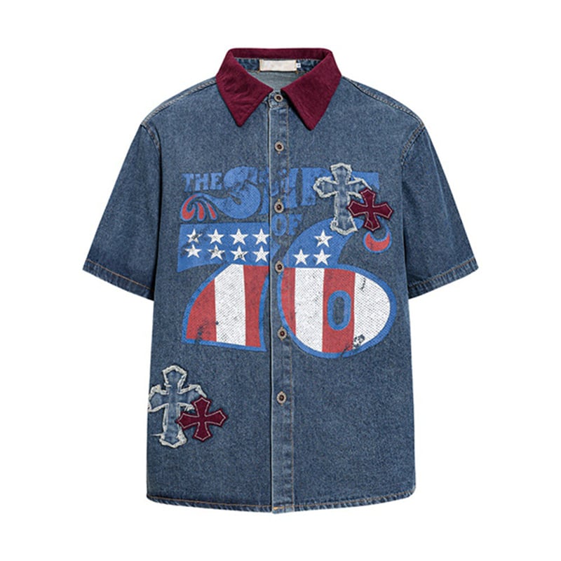 OEM ODM Custom Mens Vintage Denim Shirt Short Sleeve Cross Embroidery Patch American Flag Print Contrast Corduroy Collar Streetwear Jean Shirts Manufacturer