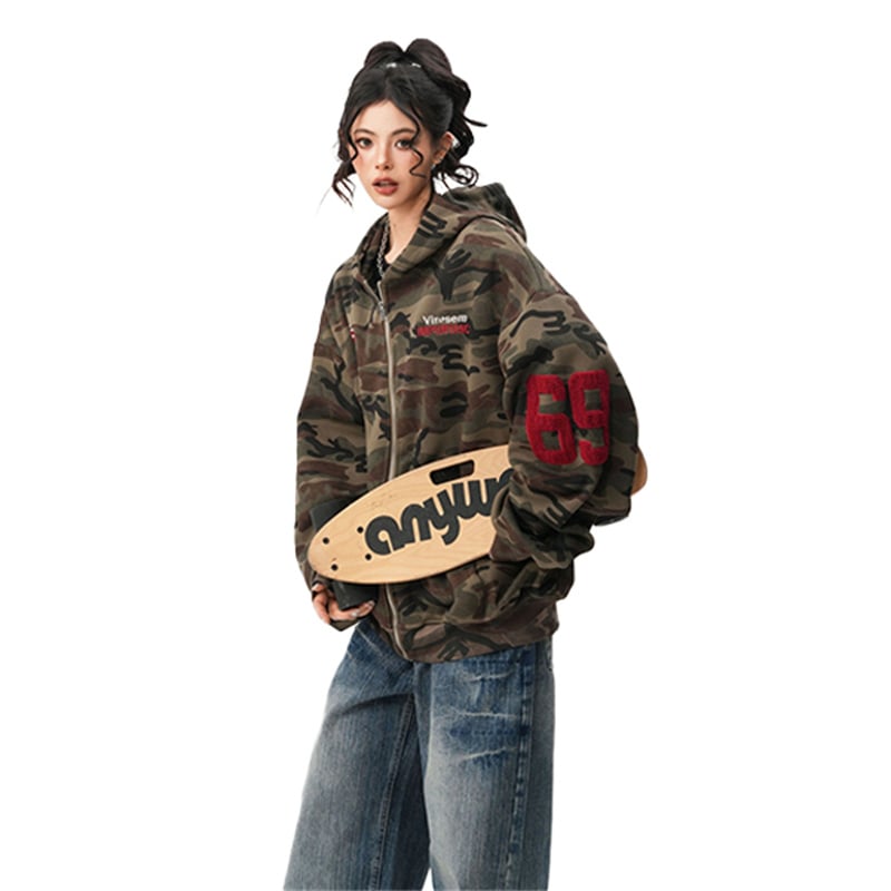 American High Street Camo Zip Up Hoodie, Unisex Couple Style Spring Vintage Loose Casual Hooded Outerwear