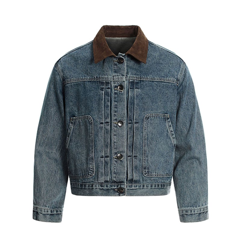 American Vintage Washed Blue Denim Jacket, Fall Winter Cropped Wide Fit Streetwear Unisex Outerwear