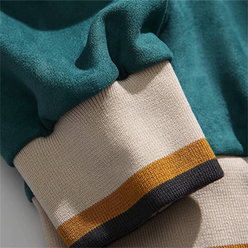 Color Block Striped Sleeve Vintage Crewneck Sweatshirt Retro Letter Print Suede Texture Streetwear Pullover Wholesale Custom Logo
