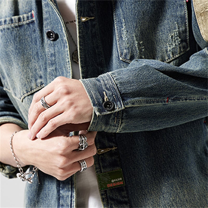 Retro Distressed Denim Jacket Men with Canvas Arm Patches & Leather Back Tag