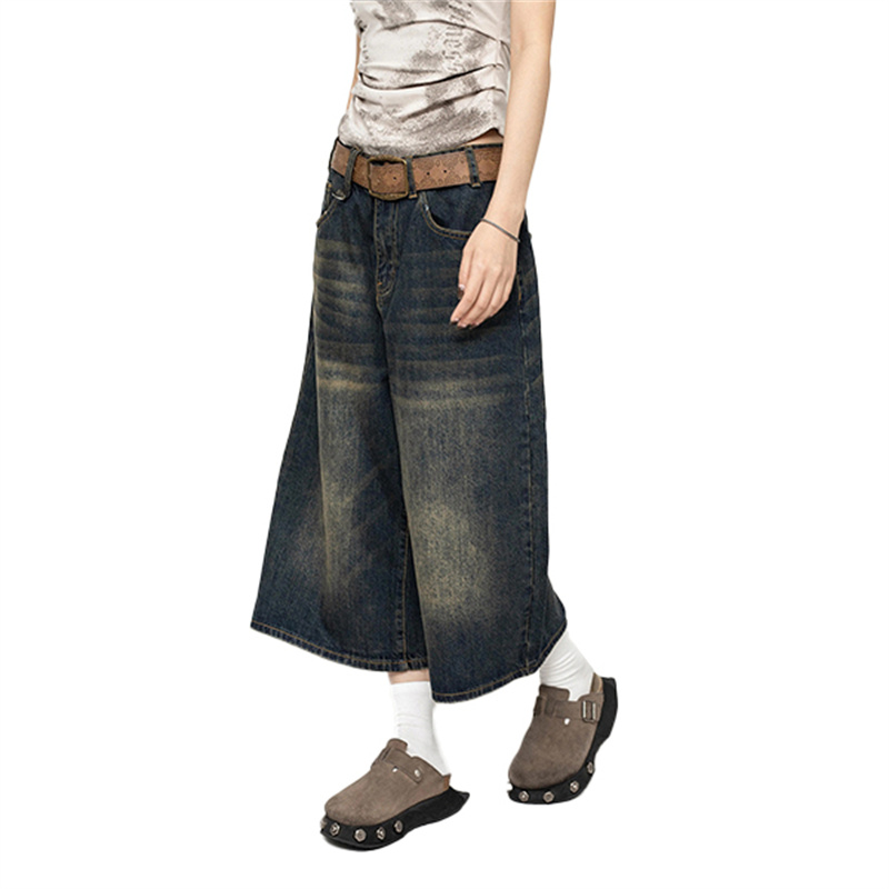 Y2K Wide Leg Culotte Jeans Women Vintage Washed Baggy Denim Skirt Pants Retro High Waist Loose Cropped Streetwear Trousers