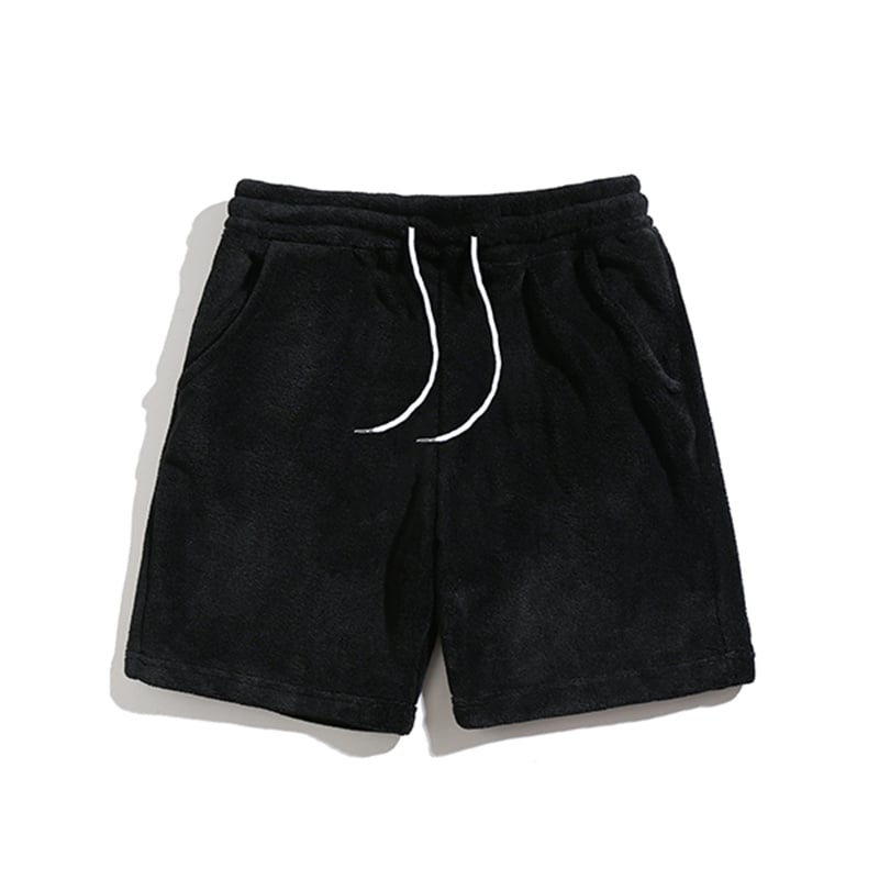 Solid Black Fleece 2 Piece Outfit Oversized Hoodie Drawstring Shorts Terry Towel Fabric Sweatsuit Wholesale Custom Logo
