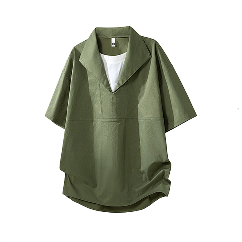 OEM ODM Oversized Lapel V Neck Short Sleeve Shirt Men Army Green Loose Casual Cargo Texture Streetwear Pullover Shirt Wholesale