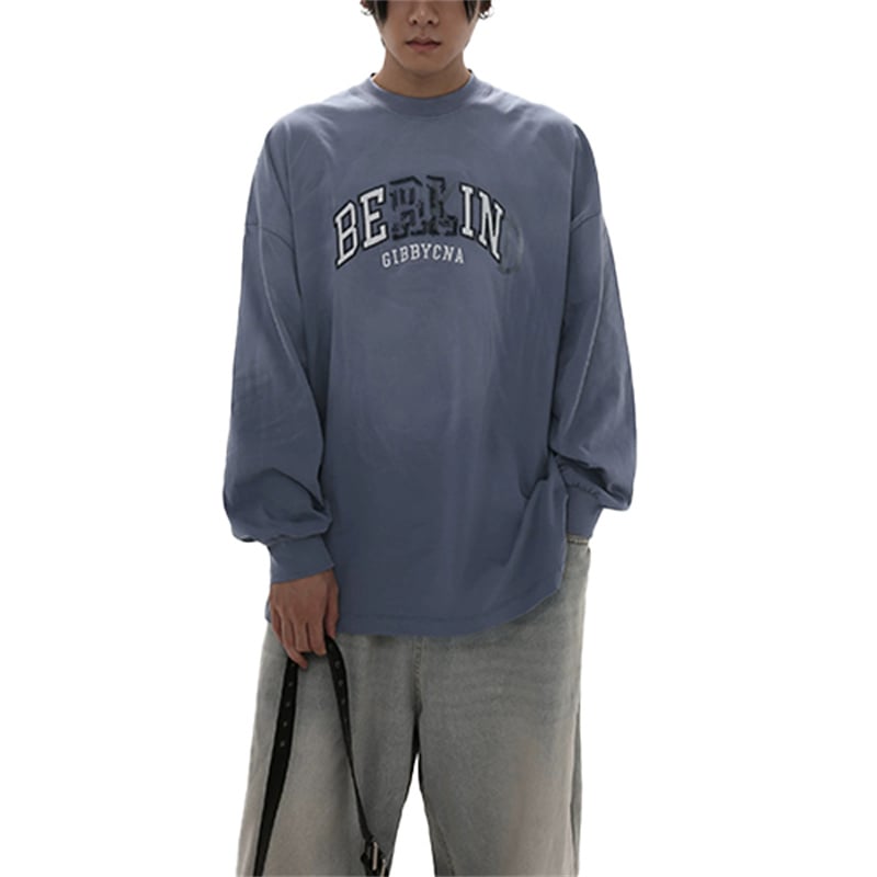 Men's Oversized Berlin Print Long Sleeve T-Shirt - Vintage Washed Casual Top