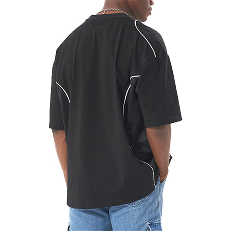 Streetwear Mesh Panel 100% Cotton Tee, Men's Casual Breathable Summer Short Sleeve