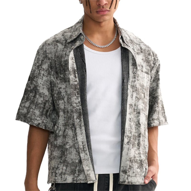 Fashion Trendy Tie-Dye Vintage Washed Cropped Wide Shirt for Men, High Quality Unisex Retro Button Down Shirt