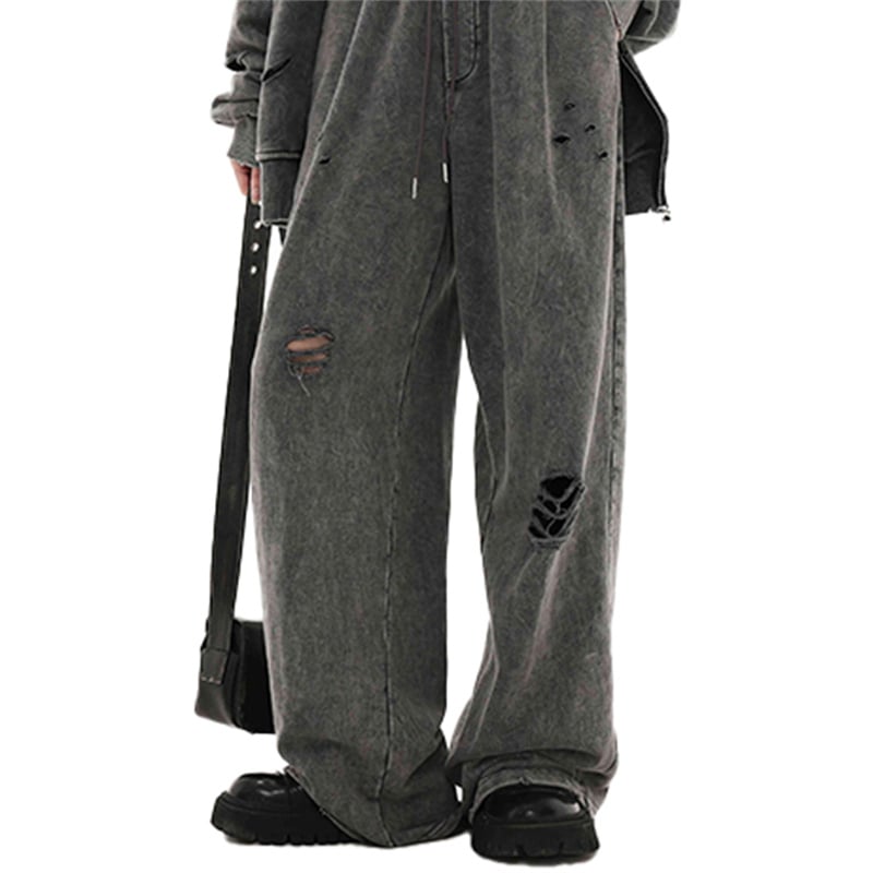 Distressed Washed Baggy Pants Men Elastic Waist Drawstring Wide Leg Grunge Streetwear Trousers Y2K Ripped Casual Sweatpants
