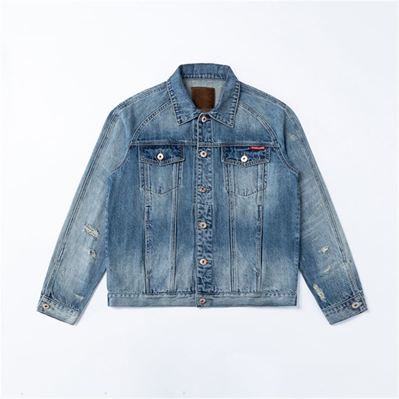 Custom Distressed Denim Trucker Jacket Men with Back Leather Patch & Logo